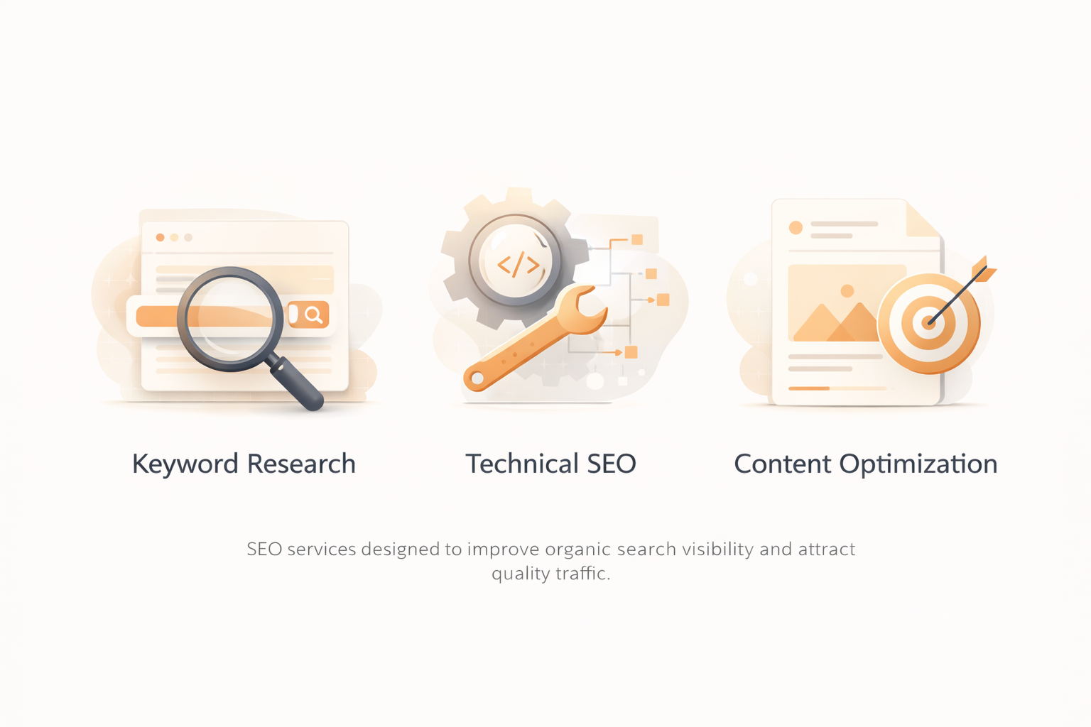 SEO services illustration showing keyword research, technical SEO and content optimisation